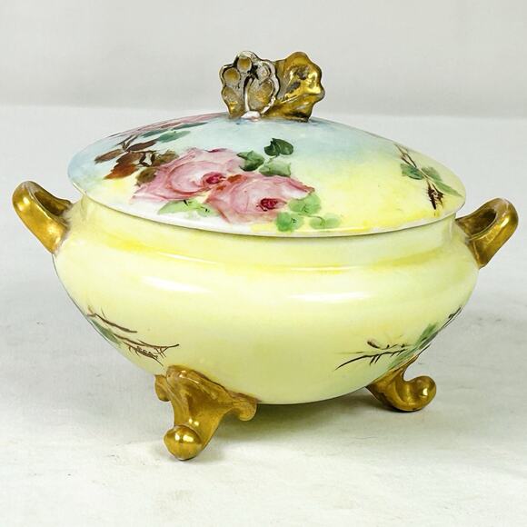 Vtg GDA Limoges France Gold Gilt Footed Porcelain Powder Dresser Jar Trinket Box - Picture 4 of 13
